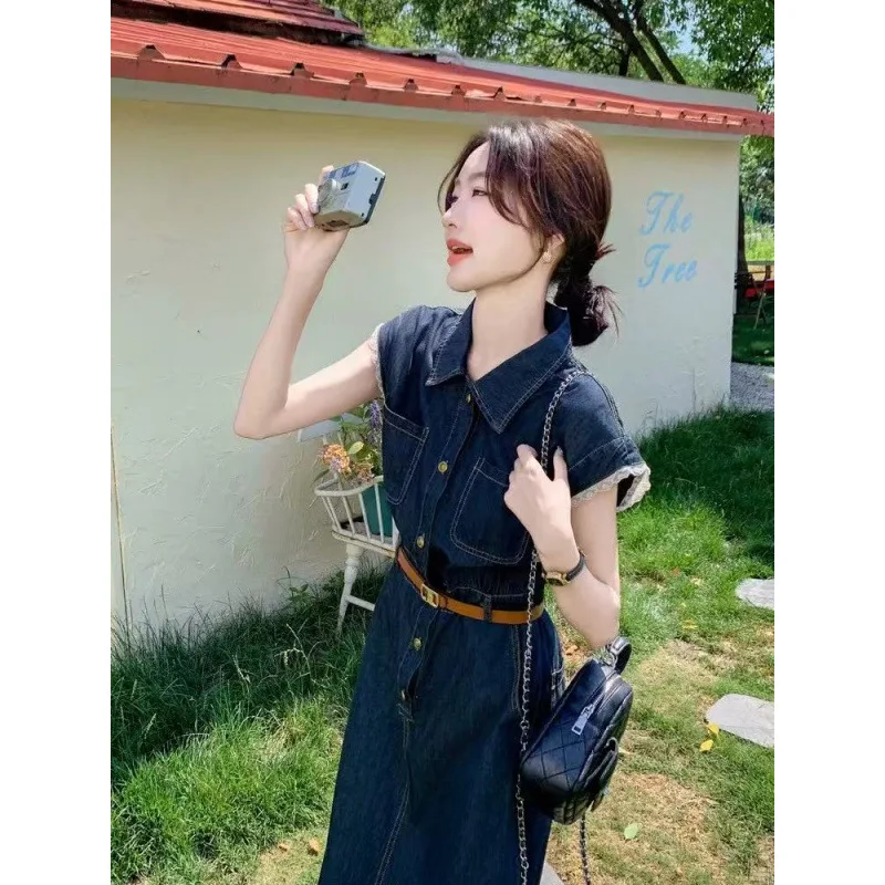 

Summer Hong Style Waist-Cinching Elegant High-End Slimming Unique Design Lace Patchwork Dress Women