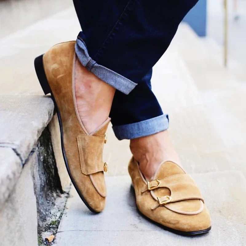 Men Double Monk Strap Buckle Loafers Shoes Brown Blue Suede Casual Shoes Wedding Party High Quality Leather Shoes Man