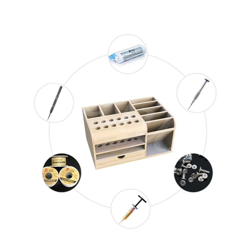 Imagem -04 - Caius Wooden Multifunctional Storage Box Screwdriver Tweezers Insert Box Mobile Phone Repair Desktop Reception Tool Parts Box