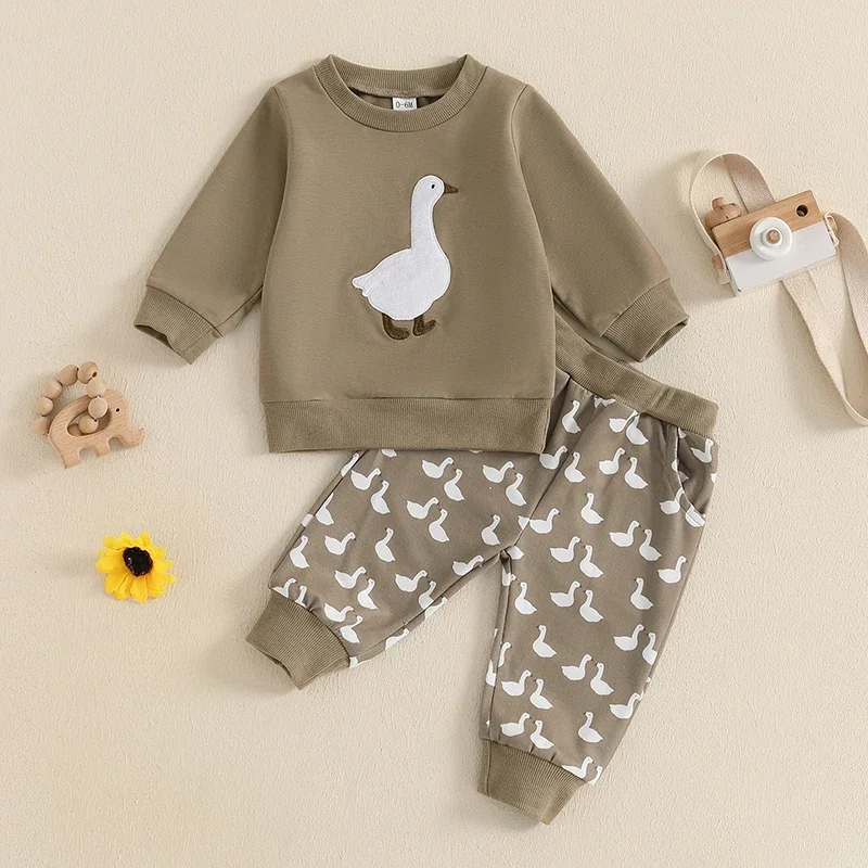 2Pcs Autumn Baby Boys Clothes Sets Toddler Long Sleeve Duck Embroidery Pullover Elastic Band Pants Casual Clothing Outfit