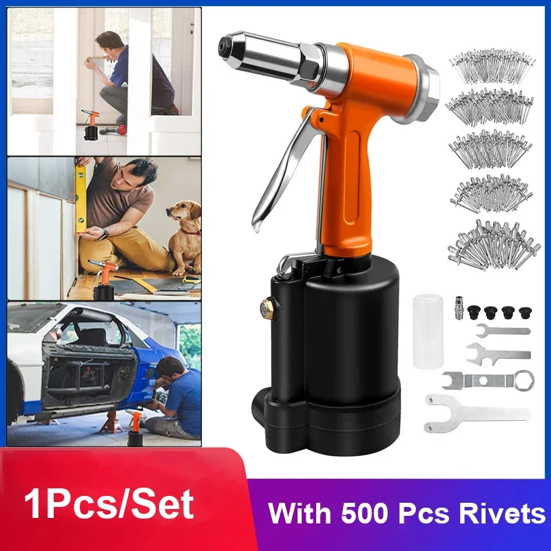 Industrial Pneumatic Rivet Nut Gun Heavy Duty Air Riveter Rivet Gun Self-plugging Riveting Hand Tool Set With 500 Pcs Rivets