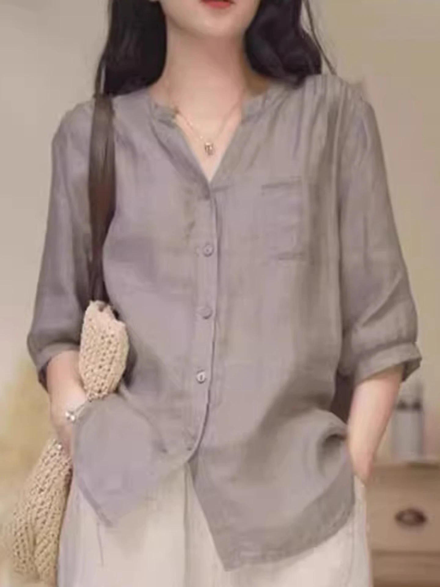 Csa de Chiffon Solta com Um Botão e Manga Sete, Estilo F Verão 2025, Design em Cor Pura, Top Trendy Versão Coreana ...