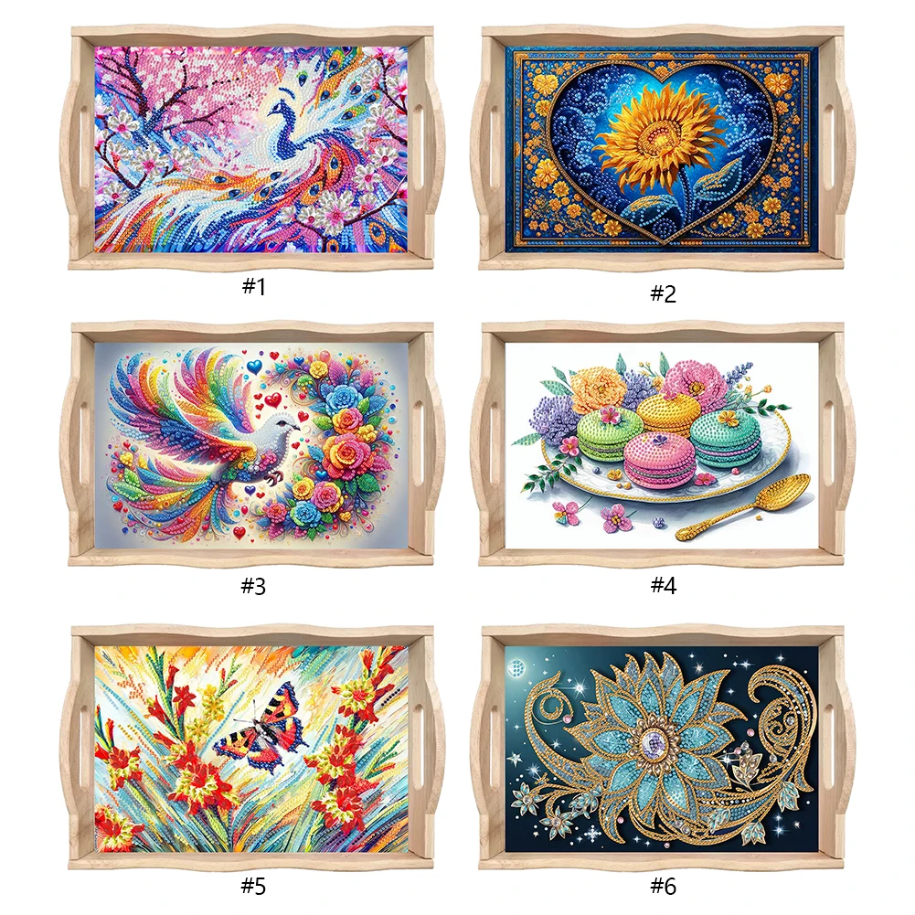 

Wooden Colorful Pattern Diamond Painting Tray Handicraft with Handle DIY Diamond Painting Food Tray Kit for Countertop Decor
