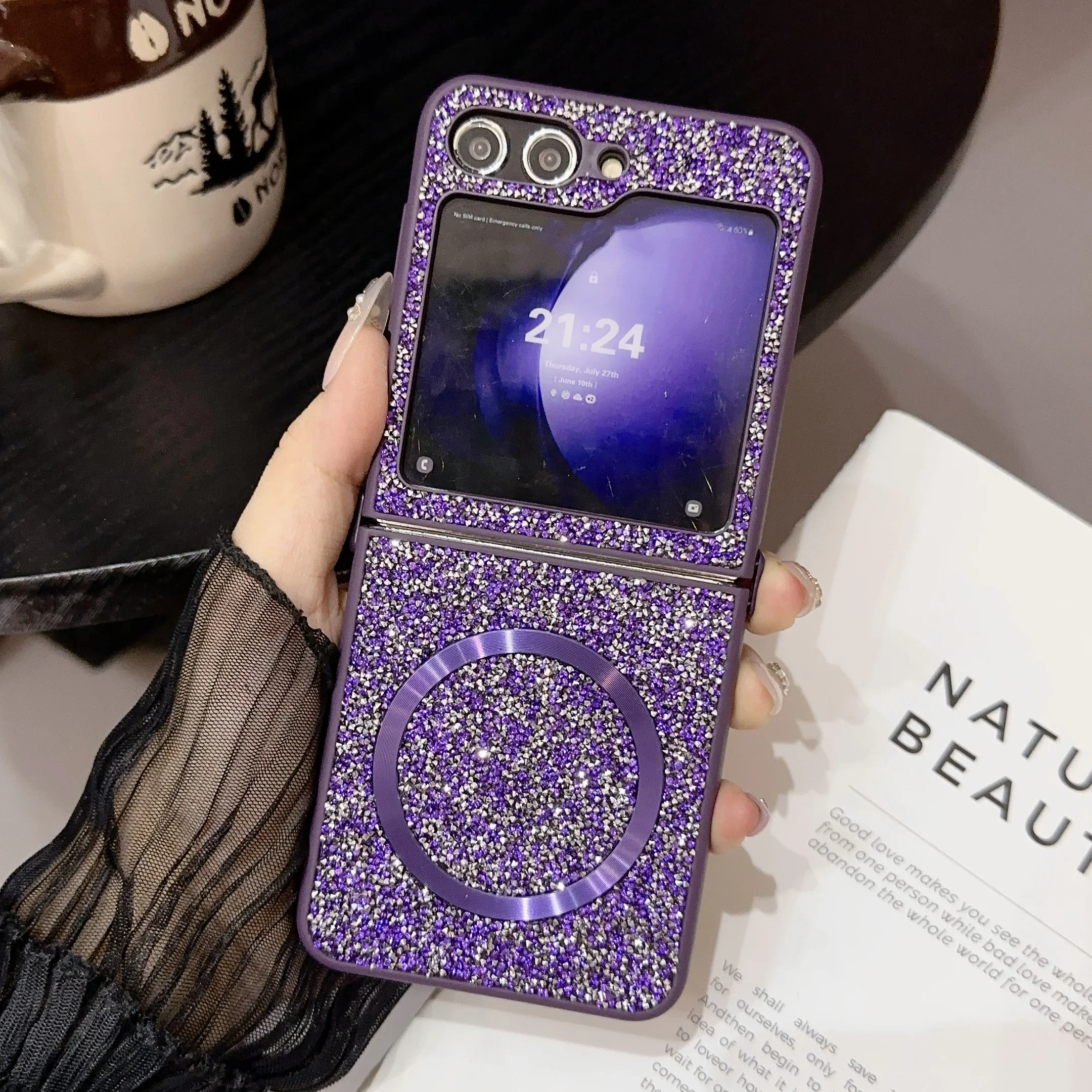 

Magnetic Sparkling Diamond TPU Soft Edge Phone Case for Samsung Galaxy Z Flip 7 6 5 4 3 Flip7 Flip6 Skin Feel Protective Cover