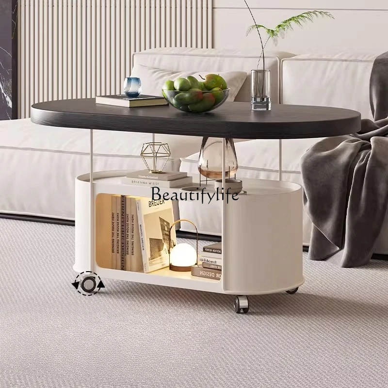 

Italian Minimalist Movable Solid Wood Coffee Table with Wheels, Movable Household Storage Trolley