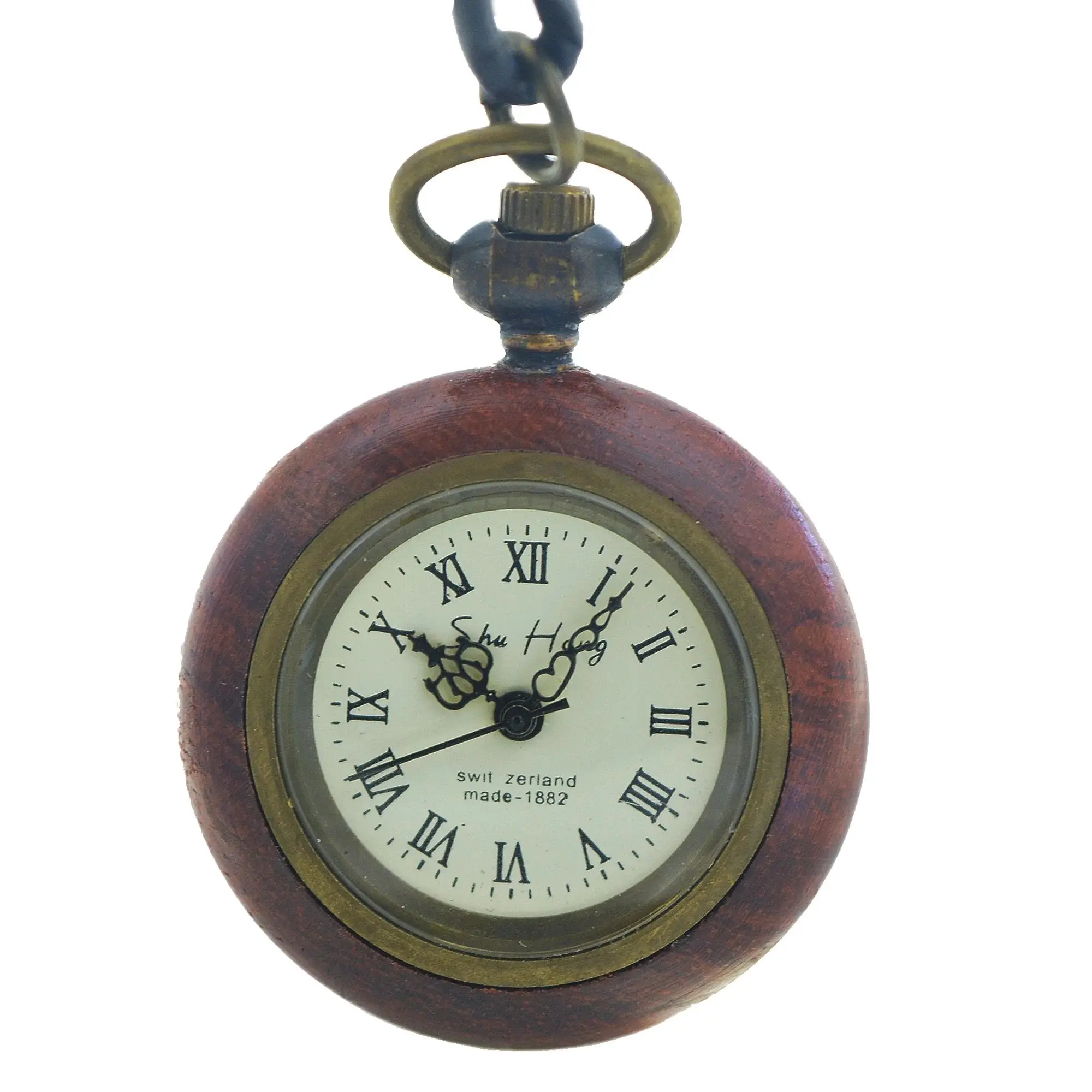 

Woman Watch Vintage Style Wooden Case Roman Number Dial Quartz Movement Pocket Watch With Necklace Chain