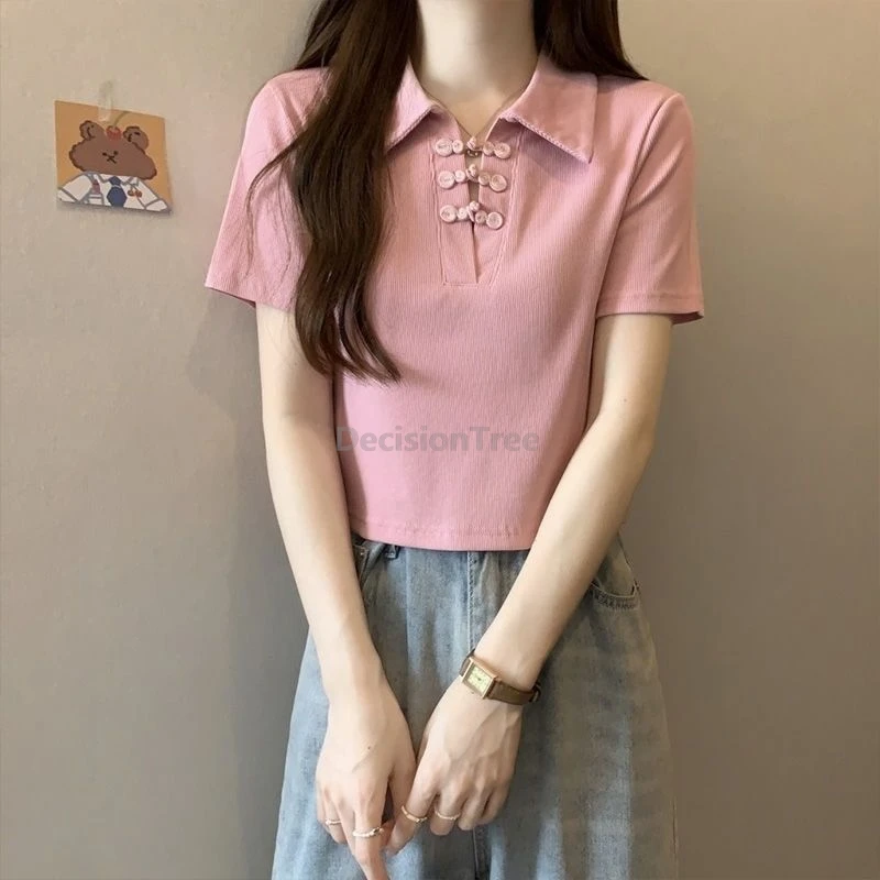 New Popular Fashionable Chinese Style Tang Suit Top Women Turn-down collar Polo Shirt Summer Buckle Short Sleeve Top