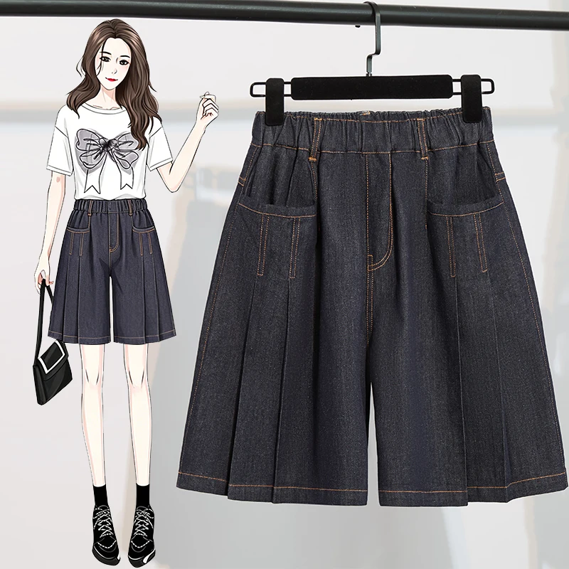 

Slimming Effect plus Size Women's Casual Jeans High Waist Straight Leg Pants Five-Quarter Length Summer New Thin Wide Leg Shorts