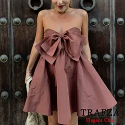 TRAFZA Casual Sweet Taffeta Solid Women Mini Dress With Pocket And Bow Opening Design New 2024 Summer Fasion Vacation Date Dress