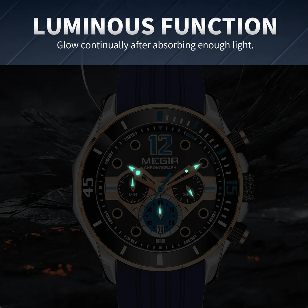 MEGIR 2206 Silicone Strap Men's Sport Watches Chronograph Waterproof Calendar Quartz Wristwatch Male Clock Relogio Masculino