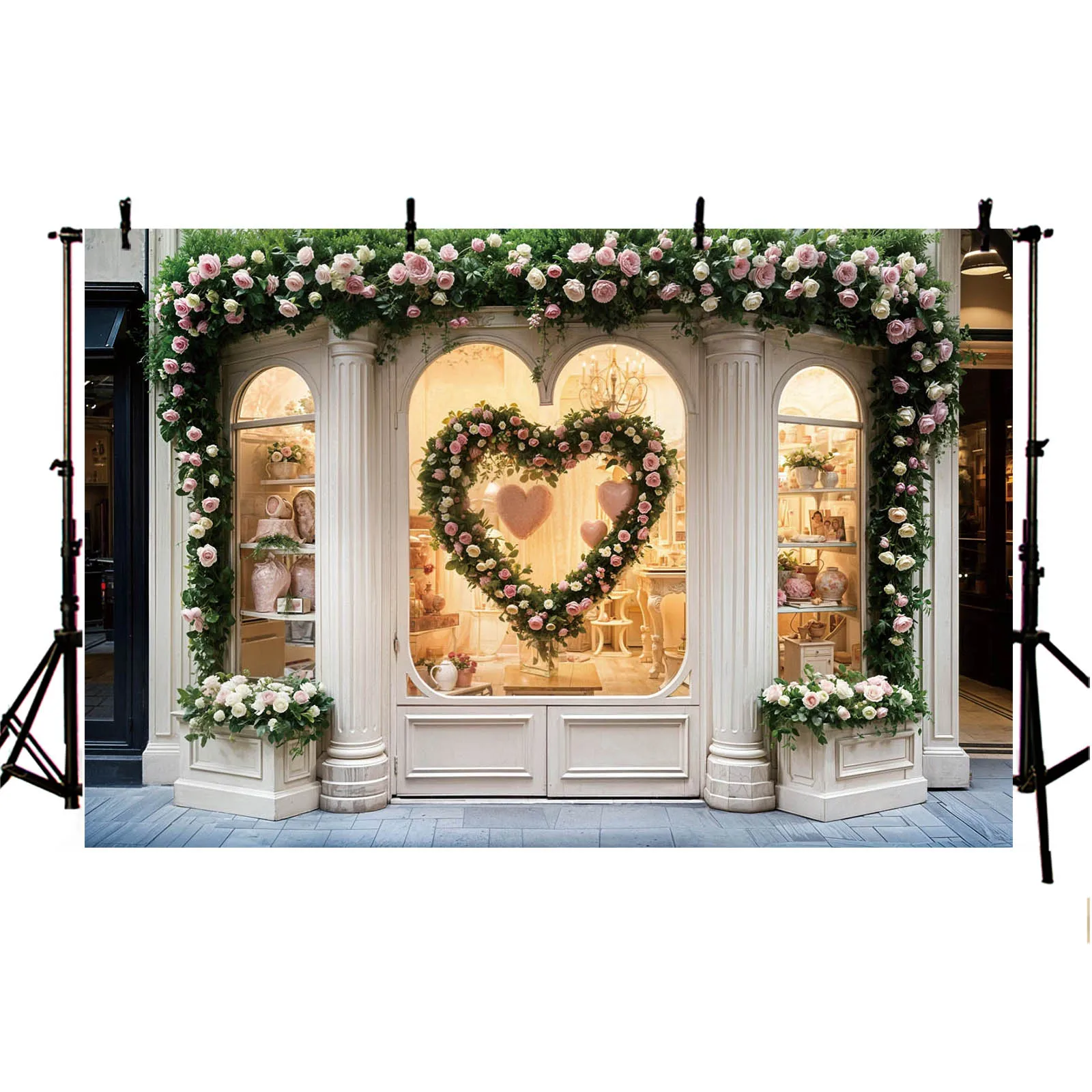 Flower Shop Photography Backdrop Red Pink Floral Valentine’s Day Heart Valentine’s Day Party Decor Festival Portrait Background