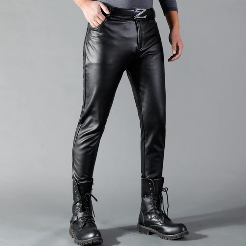 Imagen 2 del producto Pantalones de cuero para hombre, ajustados, elásticos, a la moda, de cuero PU, para motociclista, para club nocturno, fiesta y baile, finos
