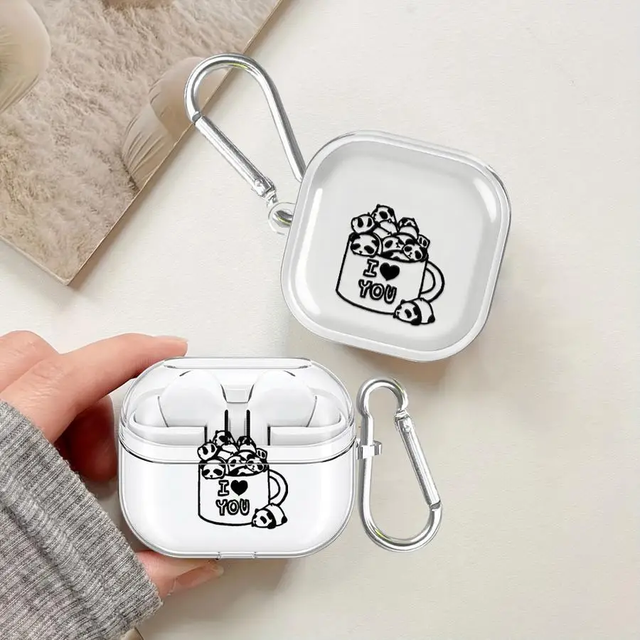 Case For Samsung Galaxy Buds 4Pro Live 3Pro 3 FE 2Pro 2 4 Pro Clear Earphone Cases Cover With Hook Cartoon Black Panda