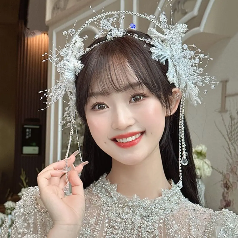 요정 신부 크리스탈 왕관 귀걸이 빛나는 보석 크리스탈 헤어 후프 티아라 투명 비즈 귀찌 웨딩 주얼리 세트 소녀용