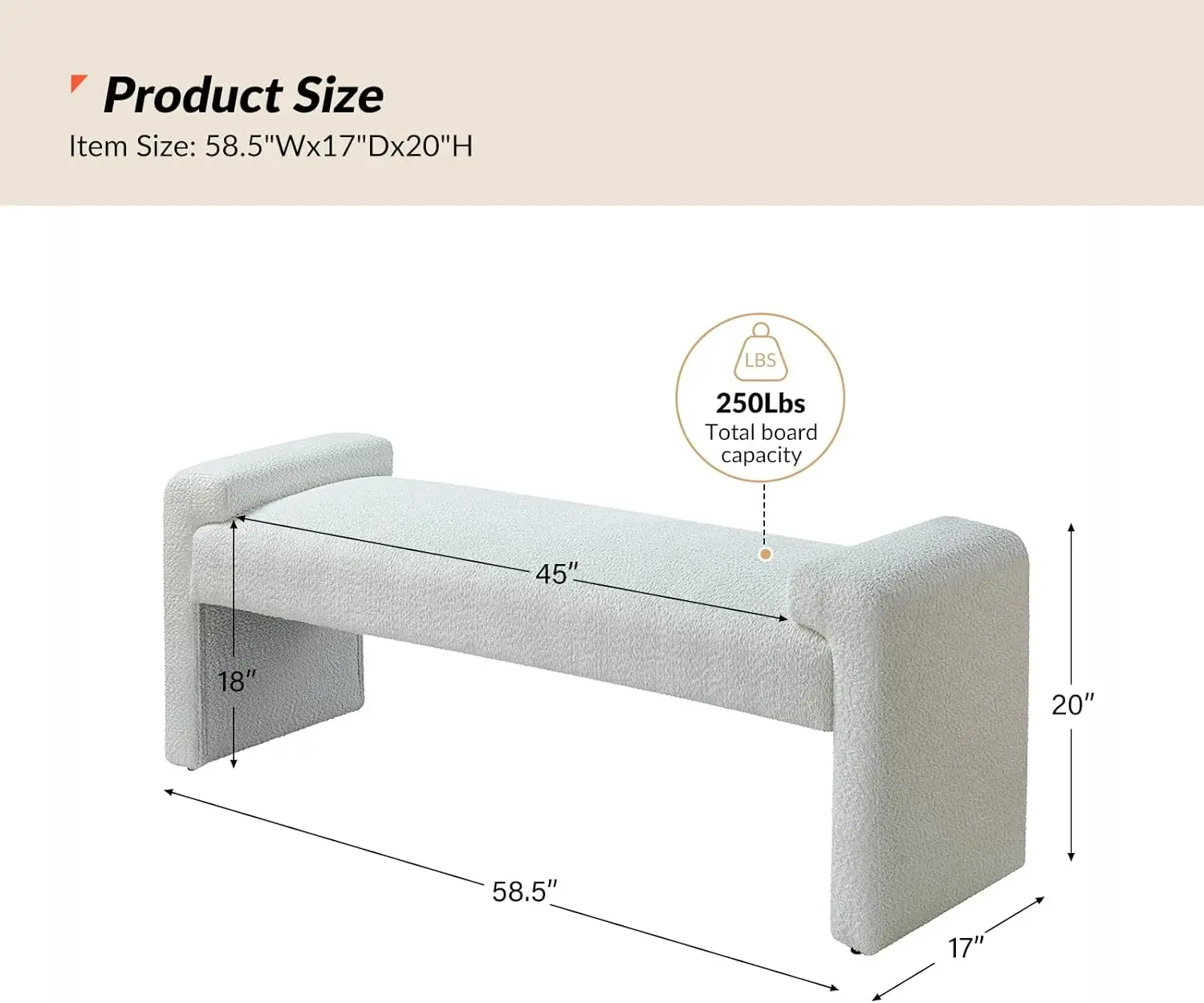 58.5' End of Bed Bench, Modern Fabric Upholstered Entryway Bench with Solid Wood Frame, Ivory