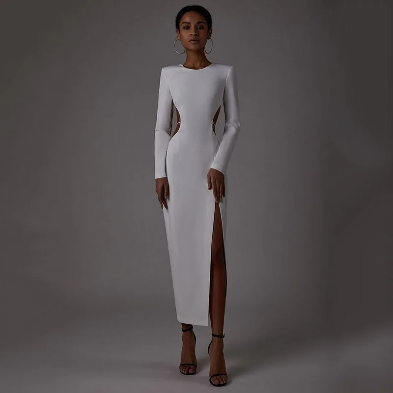 2024 Sexy manica lunga Slim Midi Cut Out Club abito da sera Backless abito nero per le donne eleganti abiti da festa primavera autunno