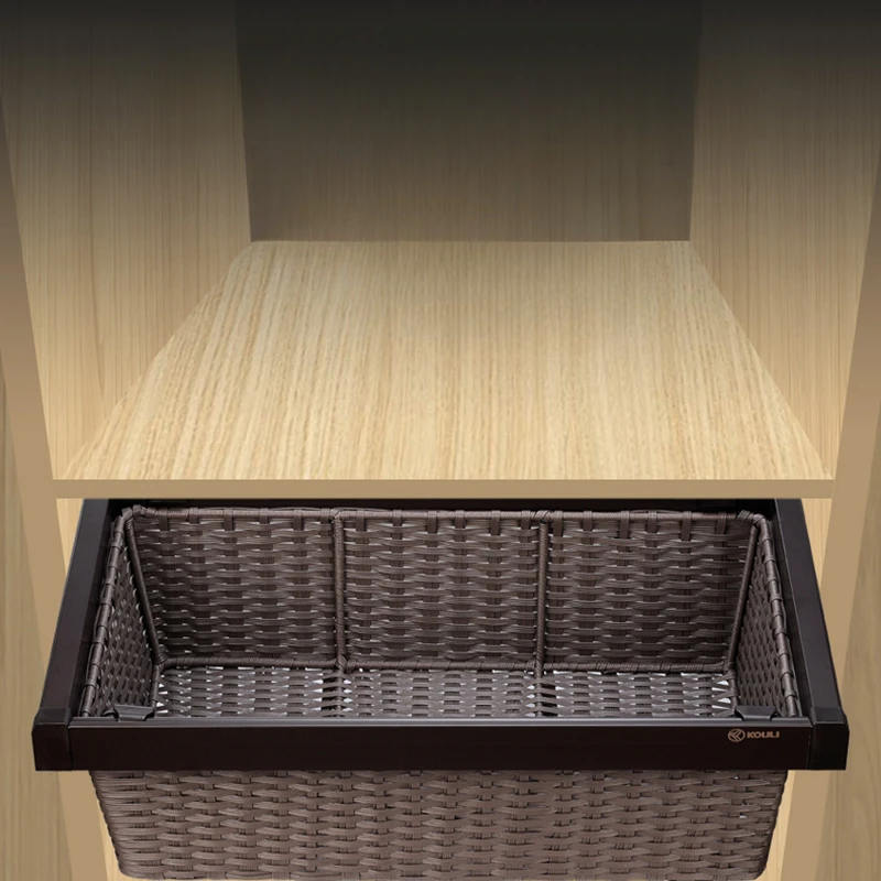 Wardrobe damping pull basket drawer type telescopic pants rack rattan basket cloakroom built-in storage household hardware