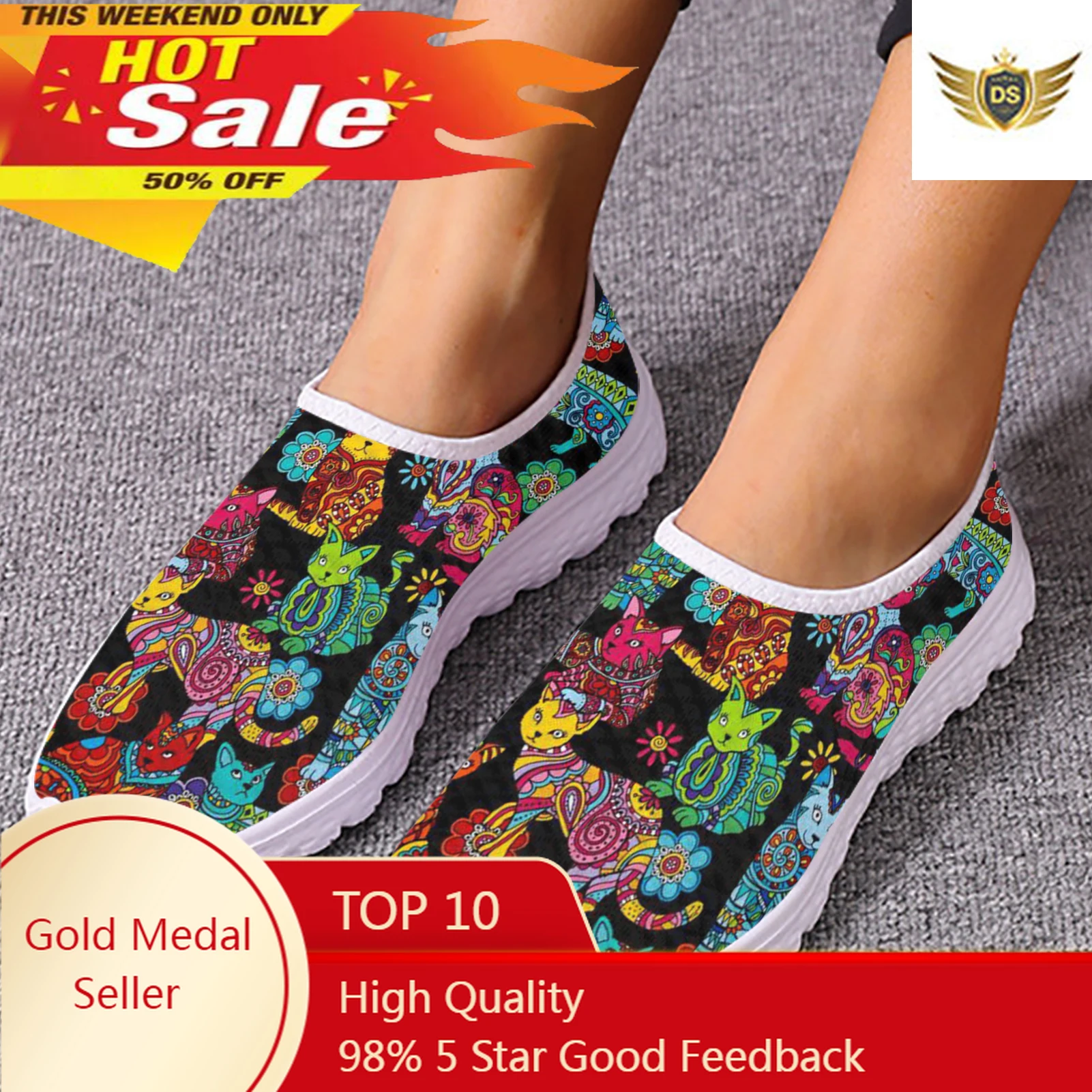 

Colorful Cartoon Cats Printed Spring Summer Mesh Sneakers Women Casual Flats Super Light Walking Female Flat Shoes