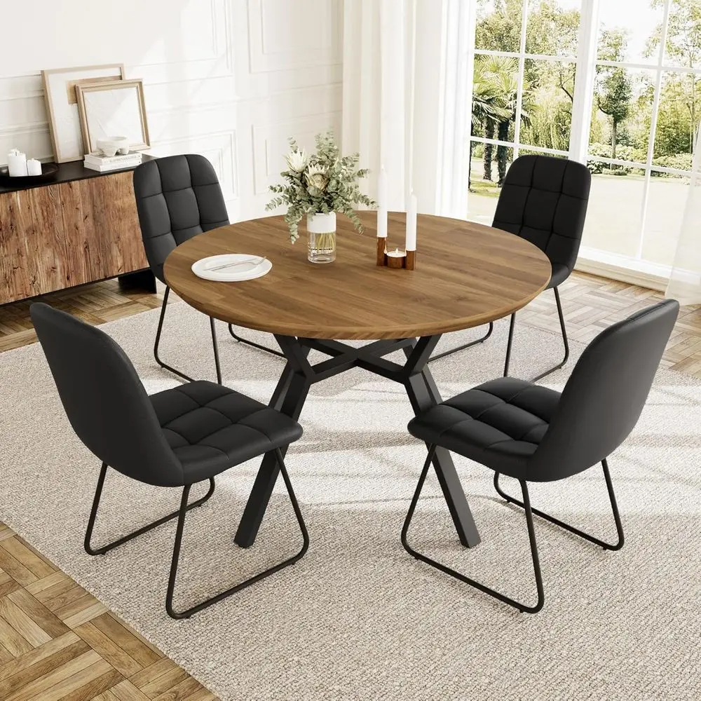 

Expandable Walnut Dining Table Set for 4 with 4 Upholstered Black Chairs, Suitable for Kitchen or Dining Room