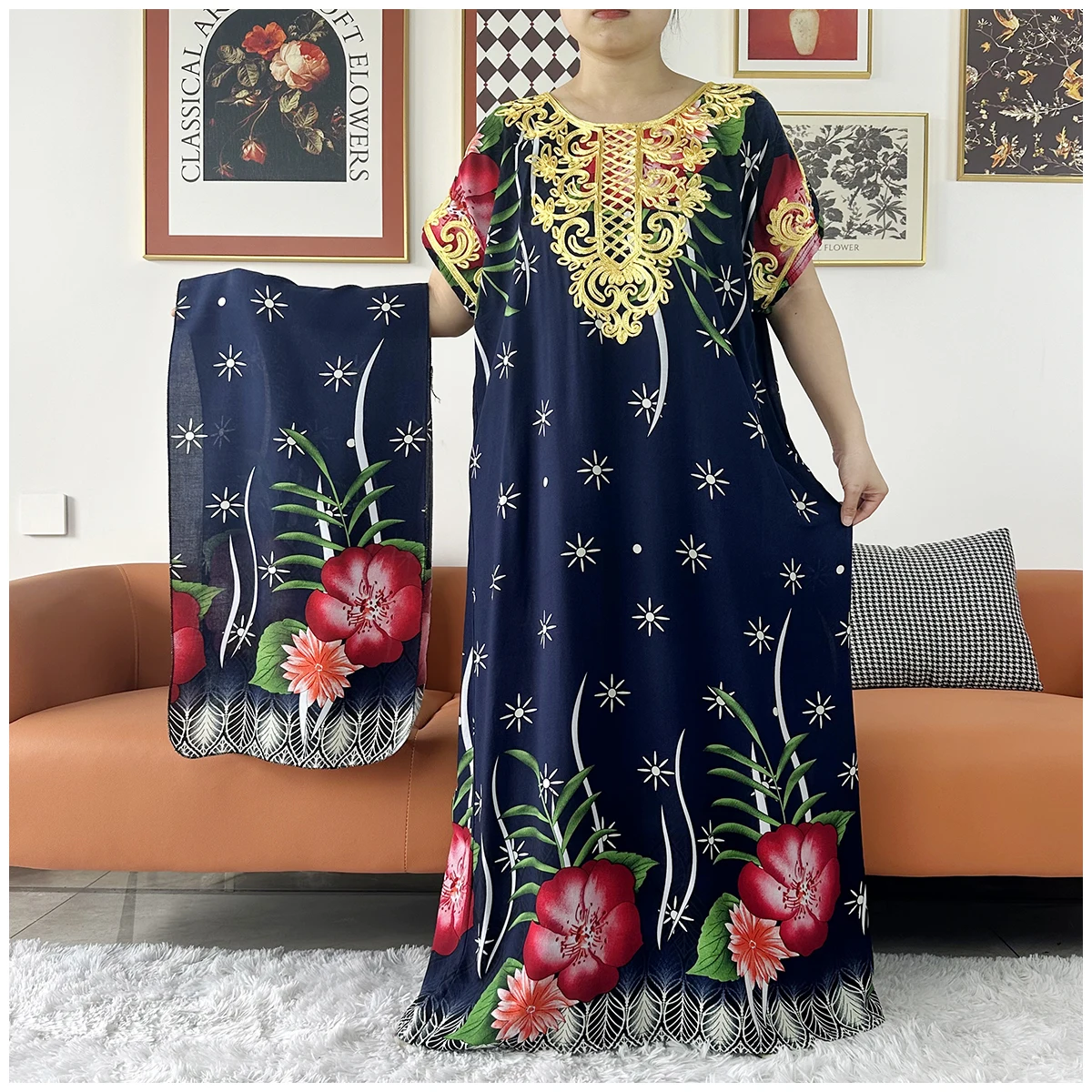 2 Pieces African Dashiki Floral Printing Loose Cotton Caftan Lady Summer Maxi Casual Dresses With Scarf  Vestidos Short Sleeve