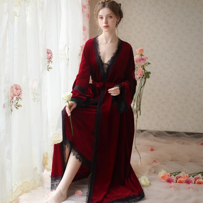 Autumn Winter Velour Robe Sets Women Two Pieces Sexy Lace V Neck Long Night Dress Velvet Sleepwear Vintage Nightgowns Nightwear