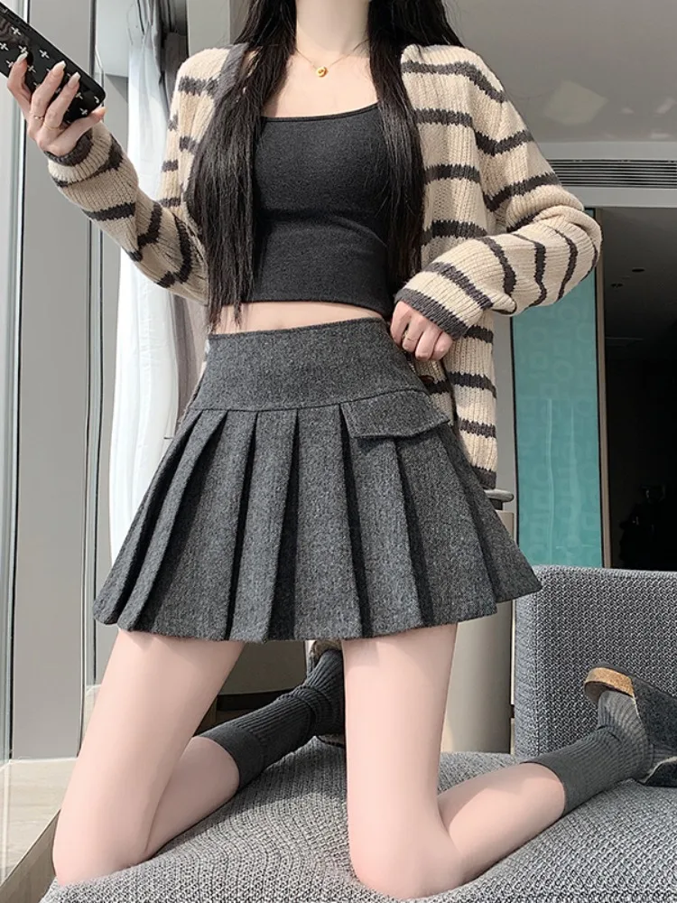 Karamellfarbener Wollrock mit Hoher Taille, A-Linie, Plissiert, Knitterfrei, für Damen, Herbst-Winter, Kleine Größen, Vintage-Stil, Persönlich S...