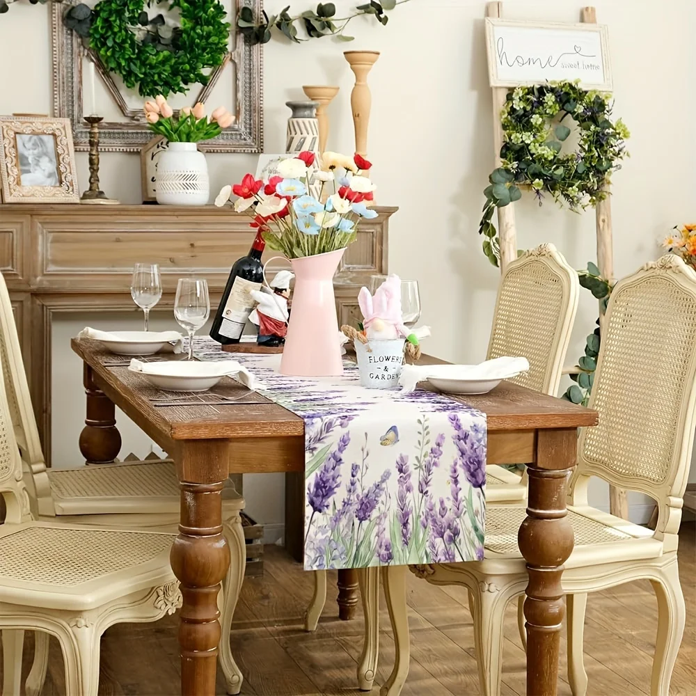 1 Piece of Table Runner with Daisy, Eucalyptus Leaf, and Lavender Design, Suitable for Farmhouse, Indoor, Kitchen, Celebrations, Table Decoration, Restaurant, and Banquet Decoration Supplies