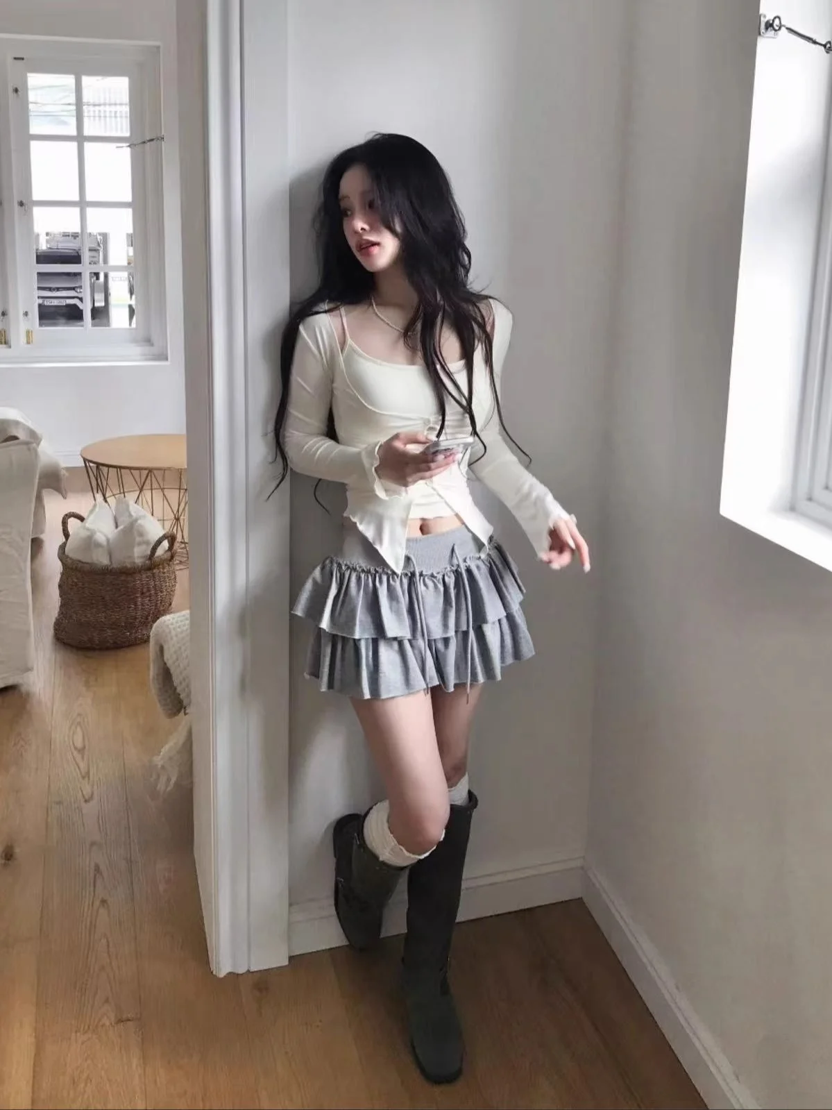 Unique SEI Korean Sle Long Sve Wrap Cardigan Top Women's Faion Wooden  Design Slimming Two-Piece Set Commute Sle