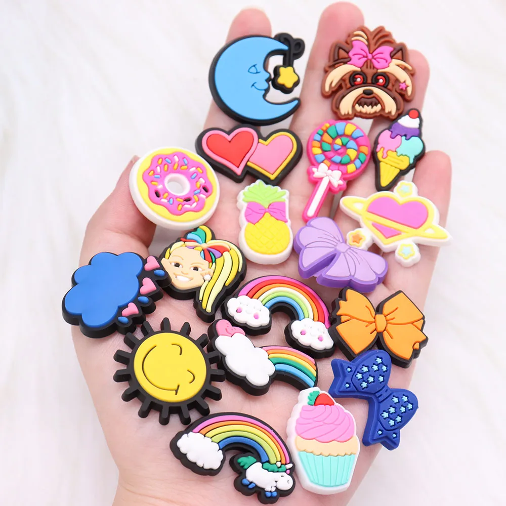 1pcs Rainbow Moon Yummy Food Shoe Charms Bowknot Accessories Children PVC Sandals Shoe Buckle Fit Party Gift