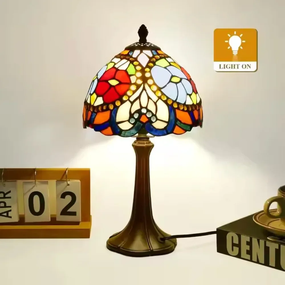 Luminária de mesa tiffany de 8 polegadas, barroca, artesanal, vitral, presentes, liga verde, libélula, lâmpada de leitura vintage