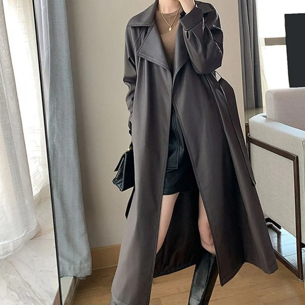 Trench-Coat Long en cuir PU pour femmes, longueur aux genoux, élégant, Style rétro, mi-long, vêtements d'extérieur pour printemps et automne