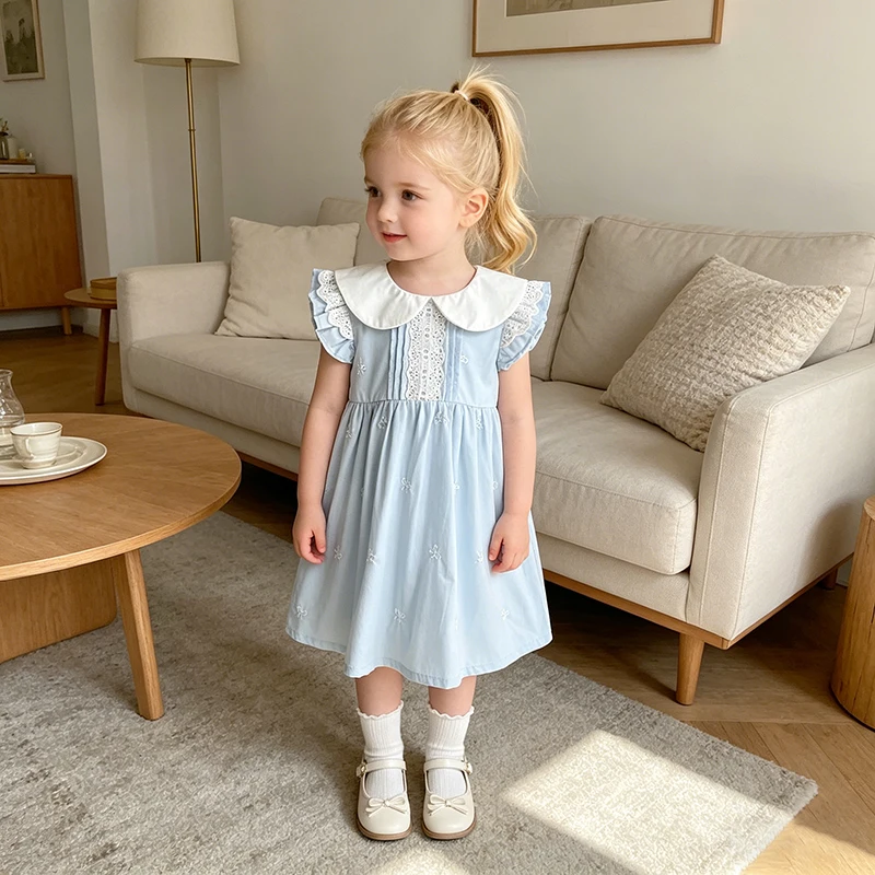 2026 Neues Sommer-Prinzessinnenkleid für Mädchen 2-6 Jahre Ärmelloses Baumwollkleid mit Stickerei Süßes Blaues Geburtstagskleid