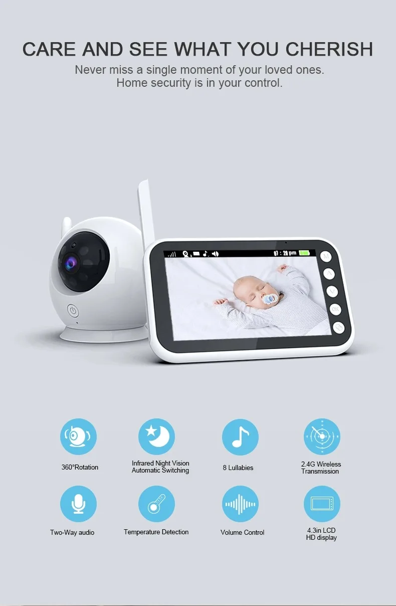 4.3inch IPS Screen Wireless PTZ Video Baby Monitor Feeding Plan Nanny Cam Lullaby VOX Temperature Monitoring Babysitter