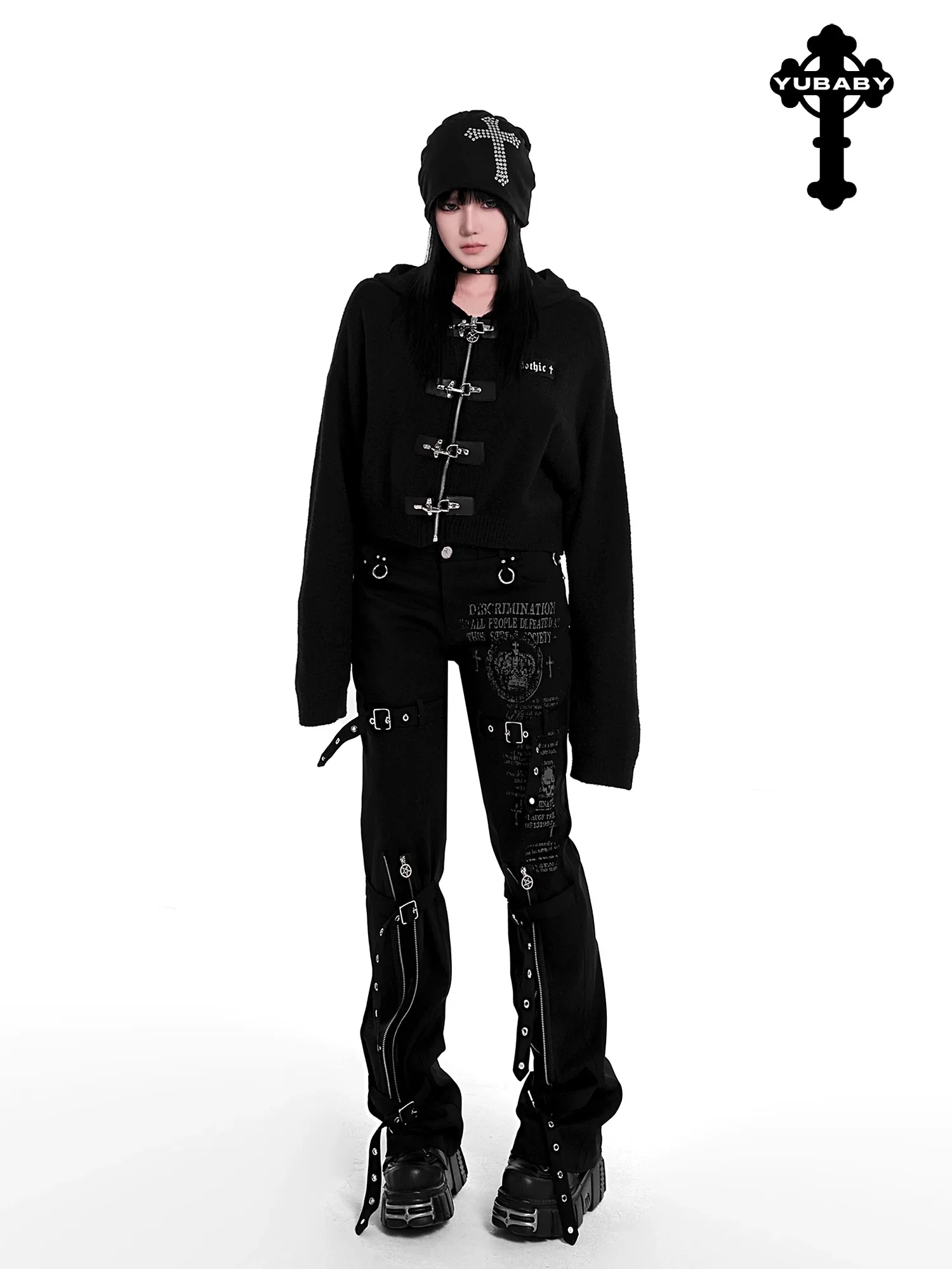 Celana Lurus Y2K Gaya Gelap Gotik Eropa dan Amerika Celana Panjang Pinggang Rendah Elastis Longgar Multi-tali Asli yang Dipersonalisasi