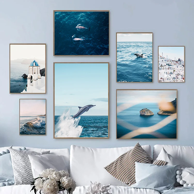 Blue Deep Sea Whale Leap Posters Coast Reef Lighthouse Castle Canvas Painting Nordic Modern Living Room Wall Art Decor Pictures