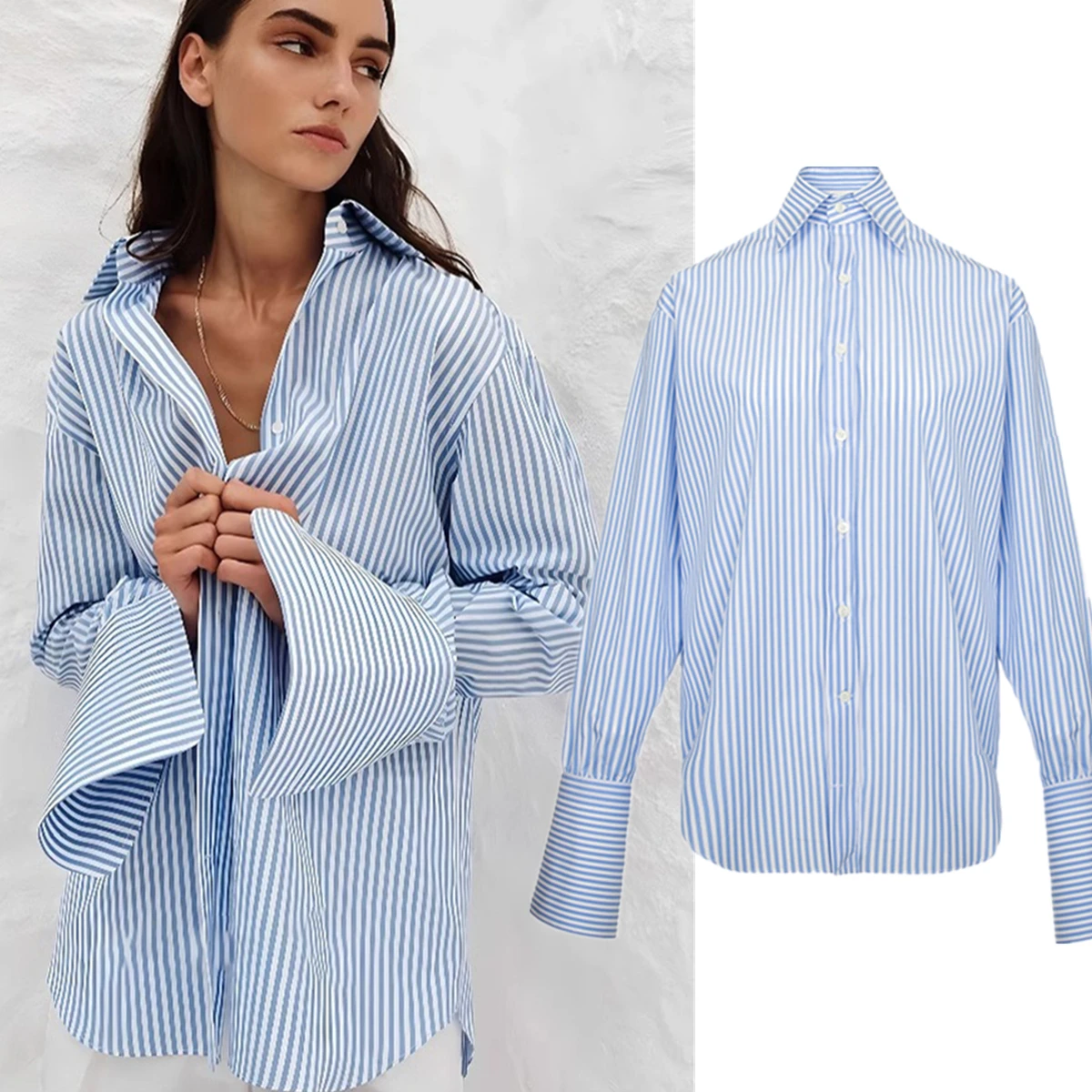 

Maxdutti French Countryside Boyfriend Style Striped High-density Cotton Loose White Blue Shirt Top Women's Blouses And Shirt