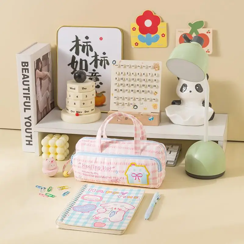 Cute Gingham Embroidered Pencil Pouch Portable Handle Large Capacity Durable Stationery Bag for Students School Use