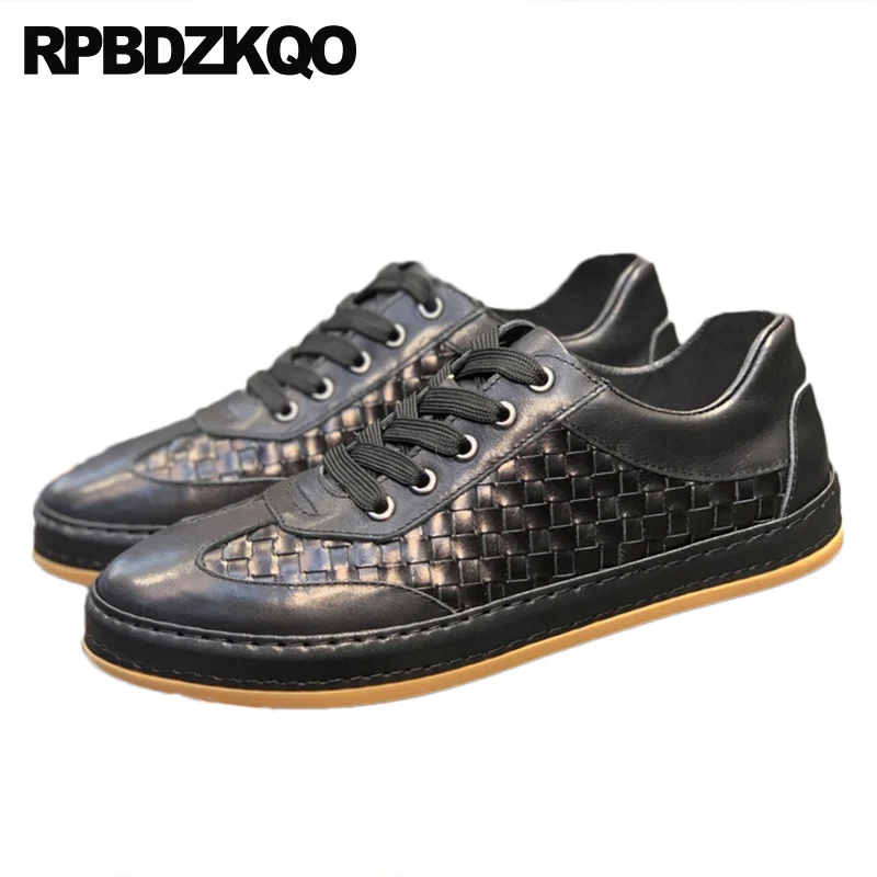 

European Sport Round Toe Trainers Sneakers Shoes Patchwork Flats Italian Men Nubuck Woven Cowhide Braided Lace Up Athletic Skate