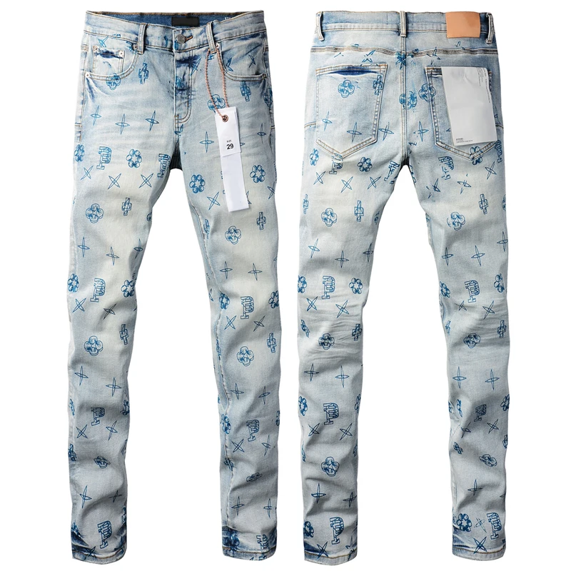 Light Blue Full Pattern Print Purples Jeans High Quality Stretch Slim Pencil Pants American Style Trend Brands Jeans