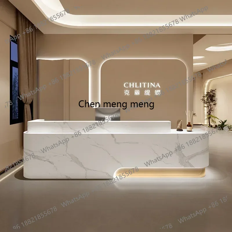 

Wood Reception Desk Mini PC Desk Desk With Storage Beautician Reception Office Hallway Table Luxurious Reception 160CM Furniture