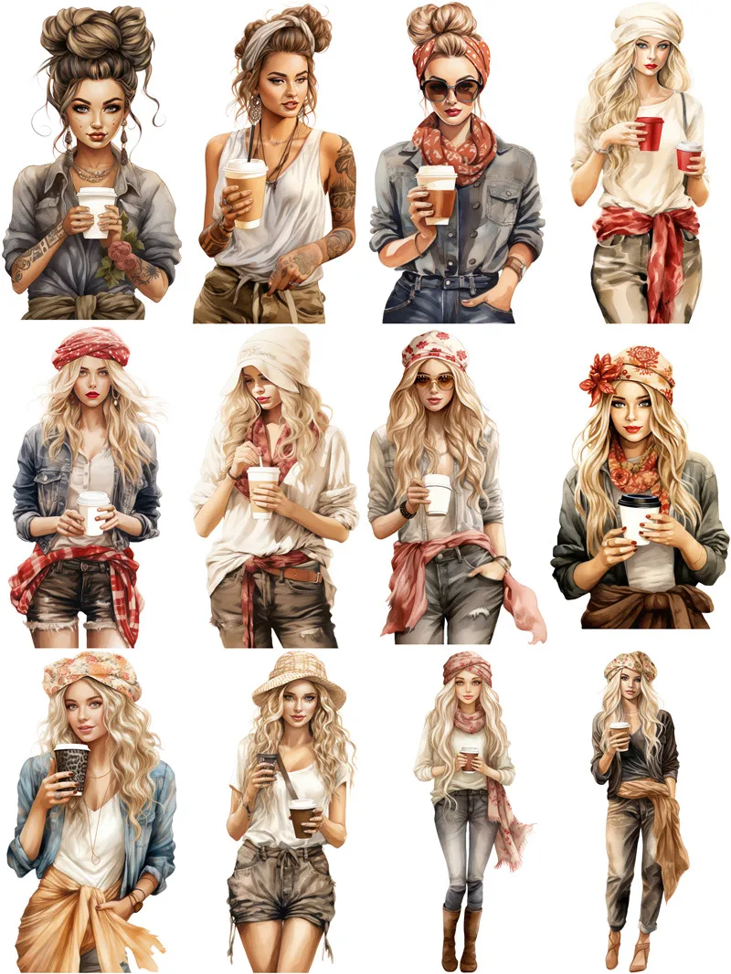 12Pcs/Pack Vintage Coffee Girls Sticker DIY Craft Scrapbooking Album Junk Journal Decorative Stickers