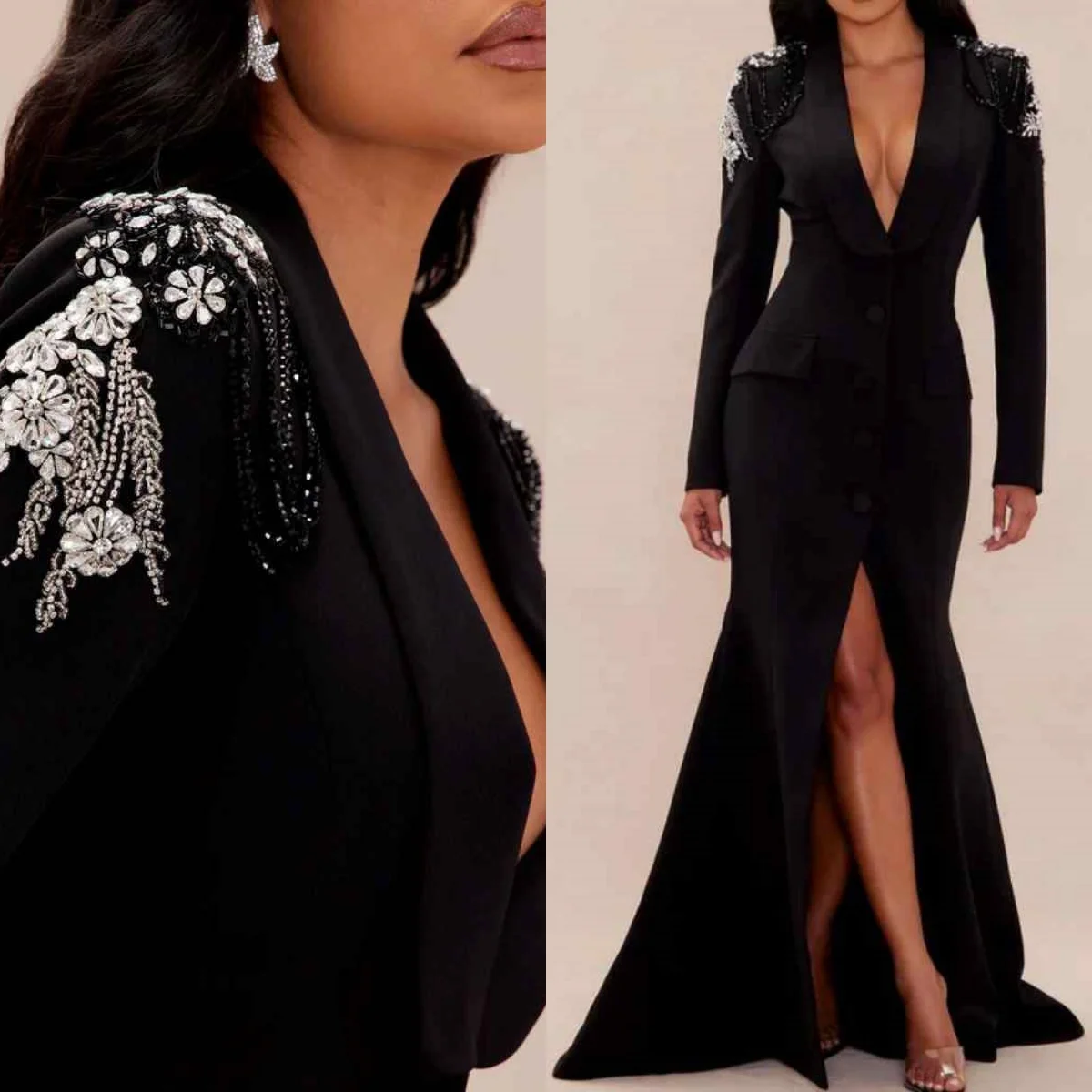 

Gorgeous One Piece Women Jacket V Neck Ctystals Long Bride's Mother Dresses Ladies Dinner Long Blazer Custom Made