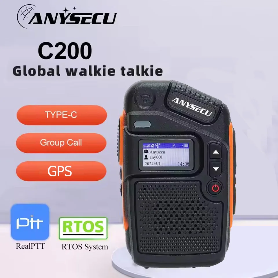 Anysecu C200 4G เครือข่ายวิทยุ Real-ptt Long Talk ระยะทาง RTOS ระบบ Type-C ชาร์จ GPS Mini POC Walkie Talkie