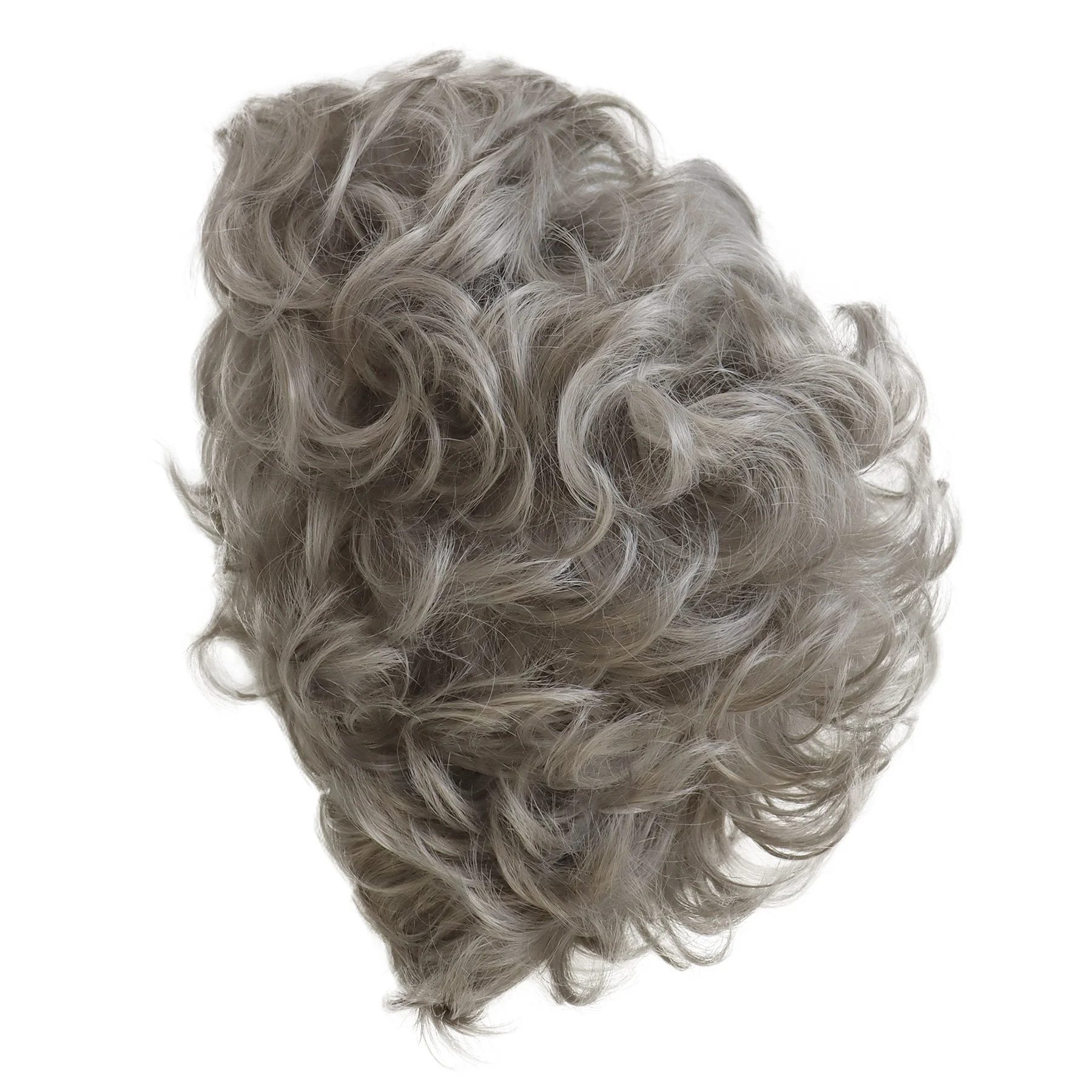 Peruki damskie w kolorze popielatego blondu, syntetyczne krótkie peruki z grzywką, kręcone peruki dla matki, starszej kobiety, kostiumu babci, peruki dla mamy z naszyjnikiem, szkłem.