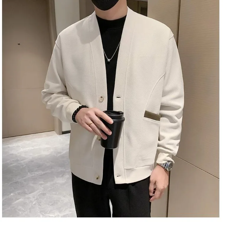 Autumn and Winter Solid Color Long-sleeved V-neck Cardigan Sweater Men's Knitted Fashion Casual Loose Jacket