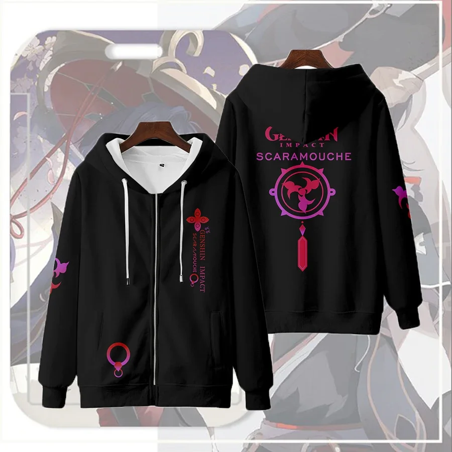 Genshin Impact-Unisex 3D Print Zip-Up Hoodie, Moletom Gráfico, Cosplay Hip Hop Scaramouche, Jaqueta com capuz Zipper, Mulheres e Homens