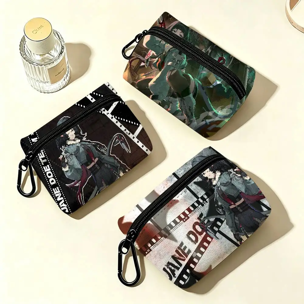 Anime Zenless Zone Zero Jane Doe Portable Oxford Fabric Mini Wallet Carabiner Design Small Coin Bag For Cards Keys Earphones