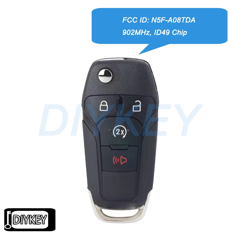 4 Buttons Flip Remote Car Key Fob 902MHz ID49 Chip Replacement for Ford F-150 F-250 F-350 2015-2022 FCC ID: N5F-A08TDA