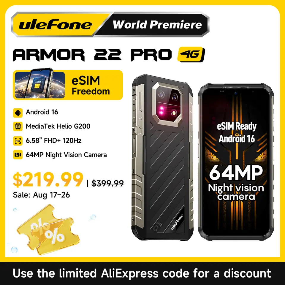 هاتف Ulefone Armor 22 Pro المتين بنظام أندرويد 16، معالج MTK G200، سعة 128/256 جيجابايت، إصدار عالمي، مقاوم للماء والصدمات، لهواتف خارجية