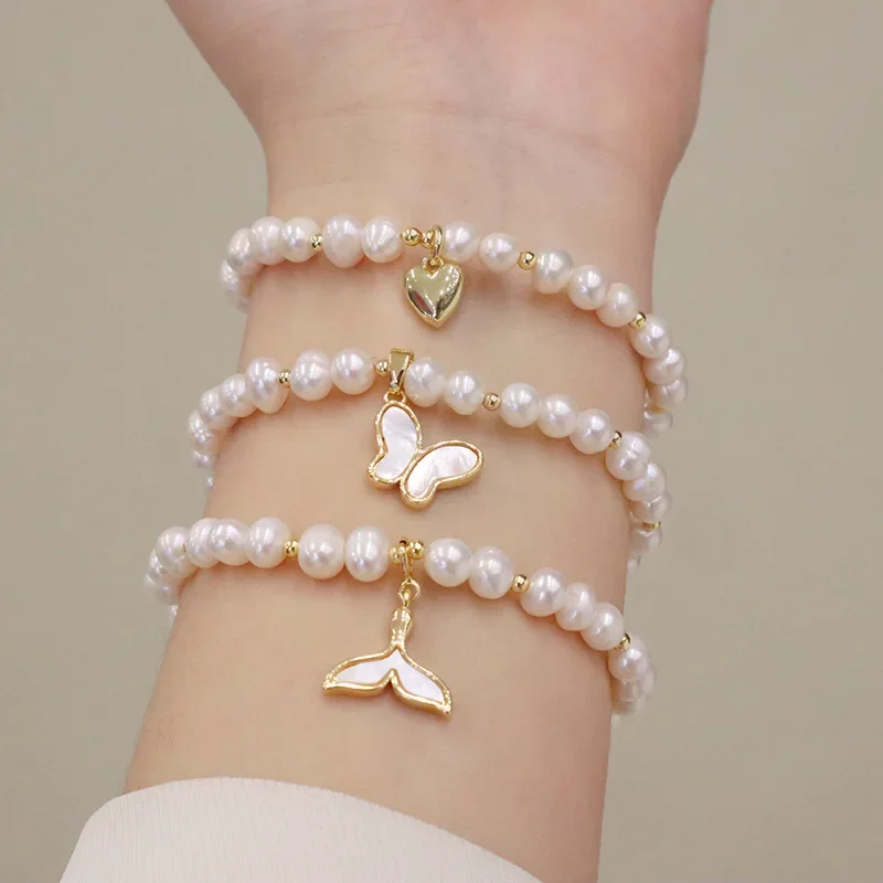 YWYC 2025 New 4-5mm Baroque Freshwater Pearl Bracelet for Women 18cm Butterfly Love Lock Fish Tail Pendant Bracelet Jewelry Gift